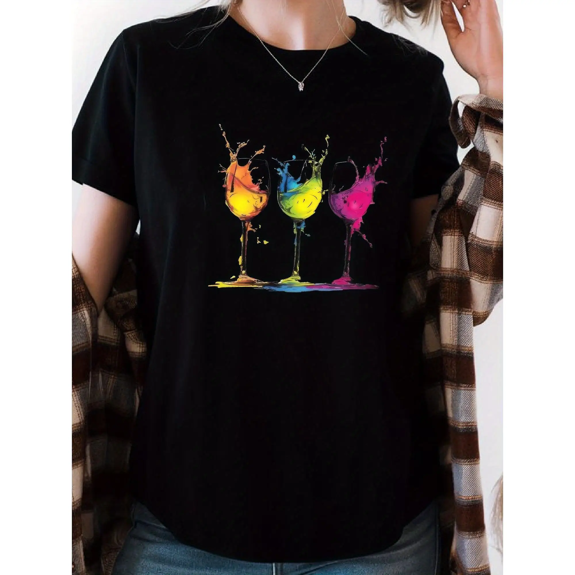 

Women’s Wine Glass Splash Art T-Shirt Colorful Print Casual Party Tee