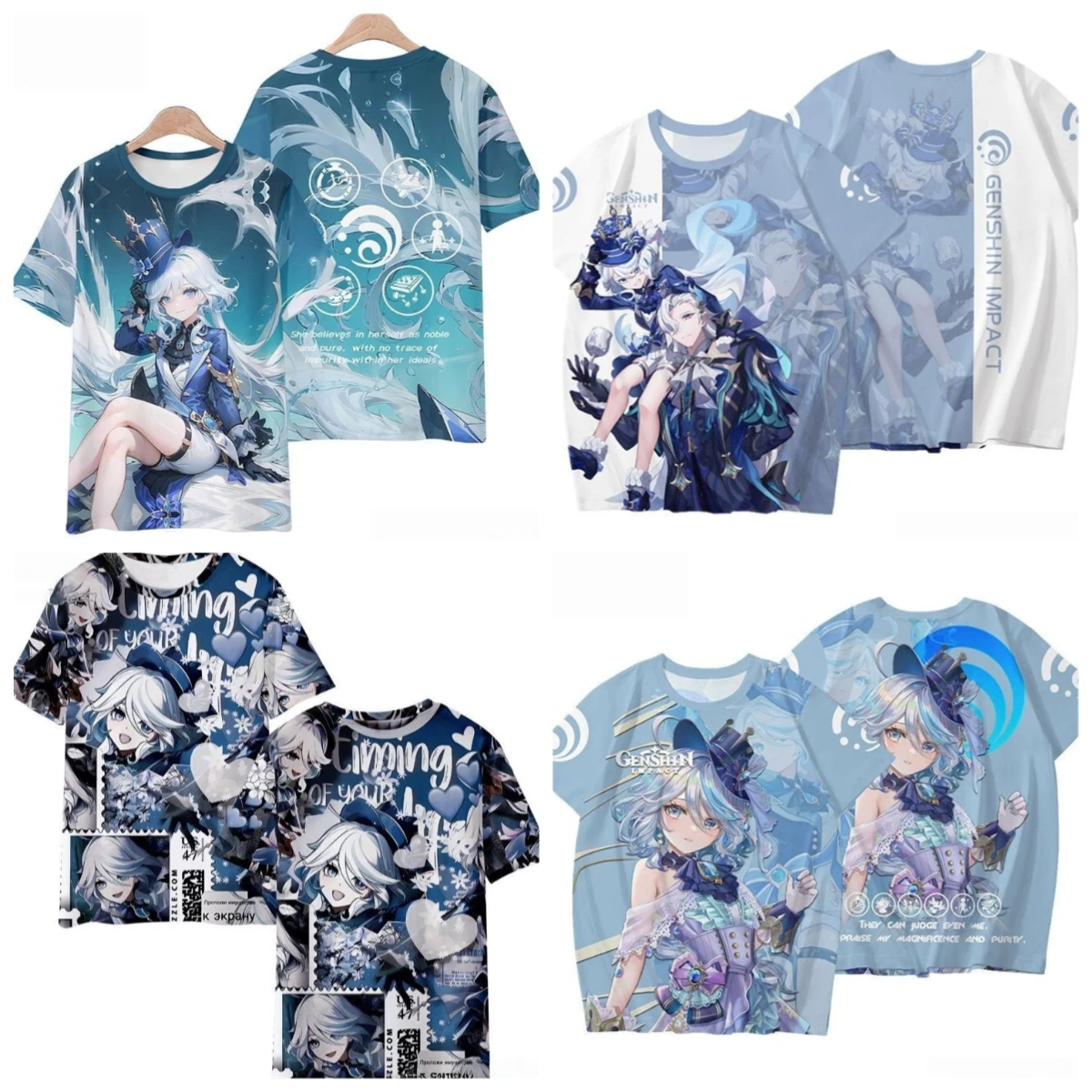 Esthétique bleue de style guérisseur, inspirée du Dieu de l'Eau! T-shirt de sport décontracté imprimé en 3D Genshin Impact Fennina pour adultes et enfants