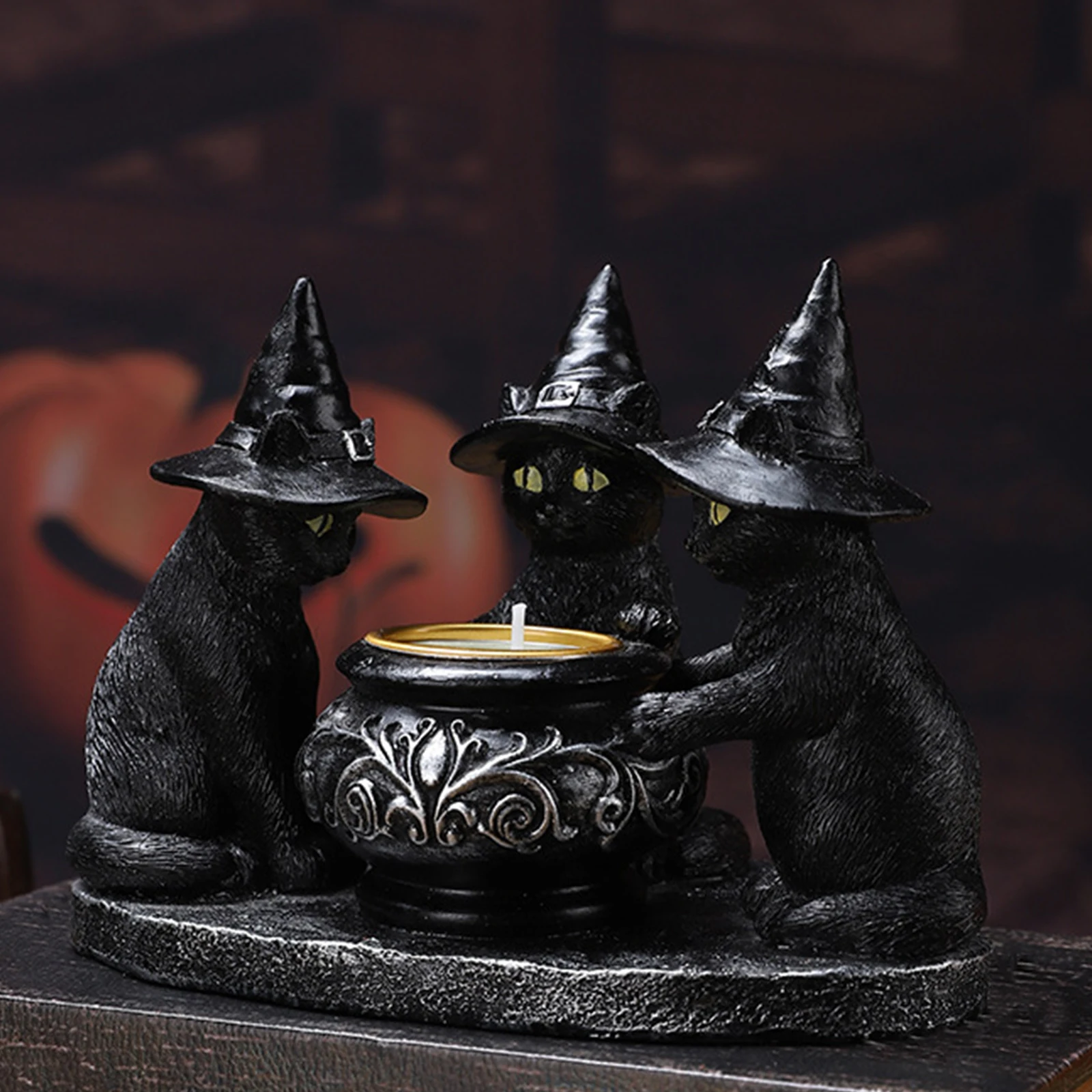 

Halloween Candlestick Black Cat Tealight Candle Holder Gothic Figurine for Dining Table Living Room Festival Mantel Housewarming