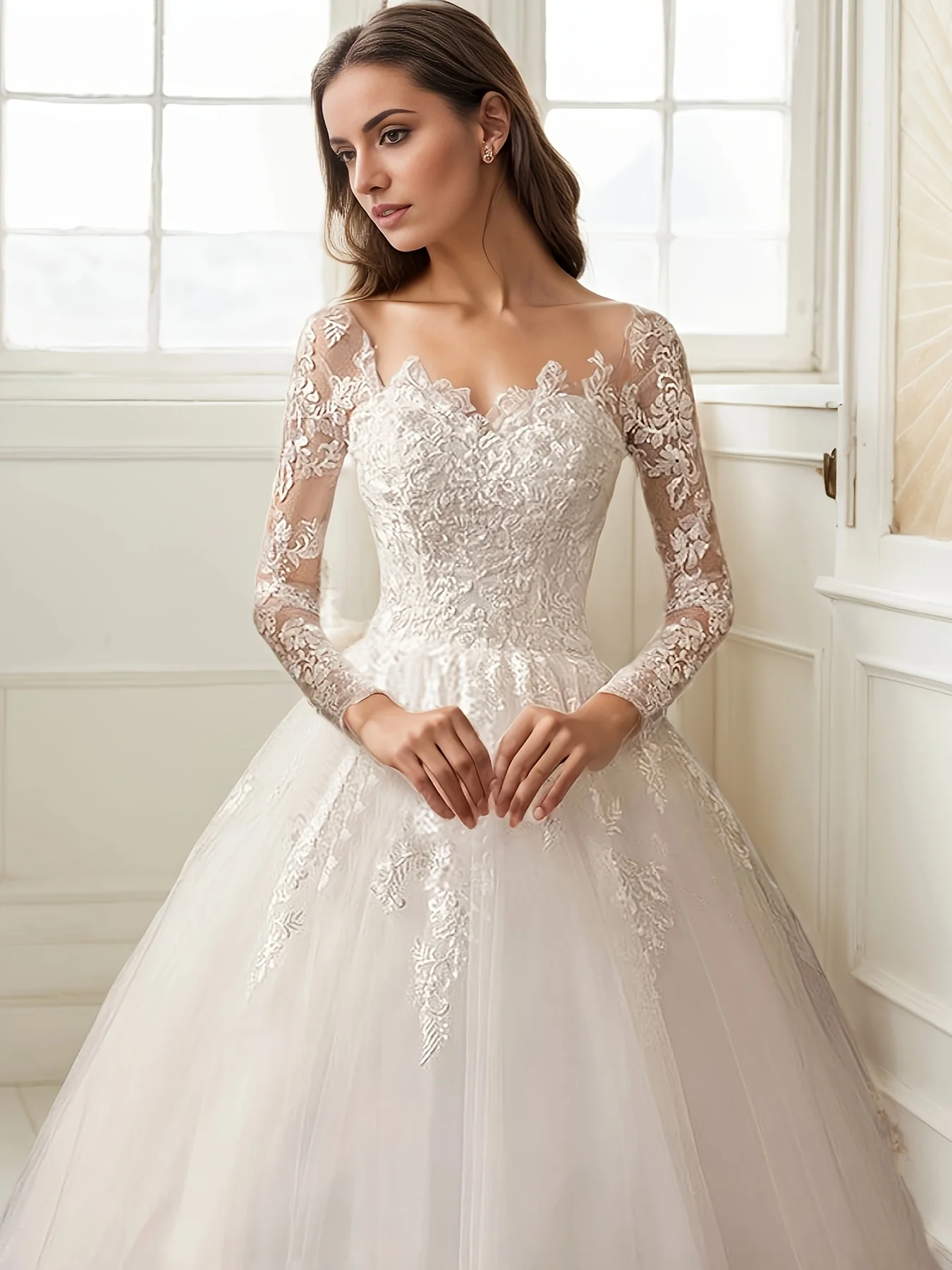 カスタムメイドのオフショルダー軽量高級Aラインウェディングドレス、絶妙なコントラストレース刺繍のエレガントなパーティードレス