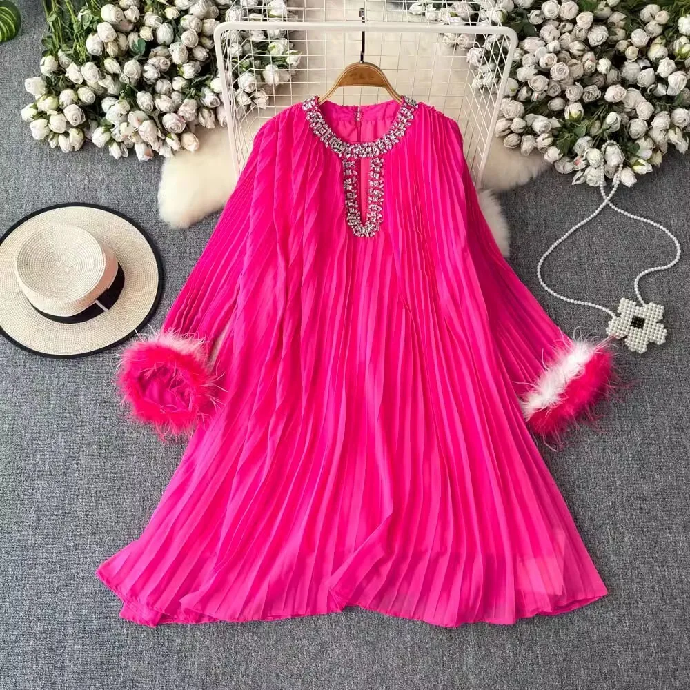 Crystal Luxury Chiffon Dresses Women Summer Holiday Fur Full Sleeve Diamond A Line Loose Big Size Pleated Evening Party Vestidos