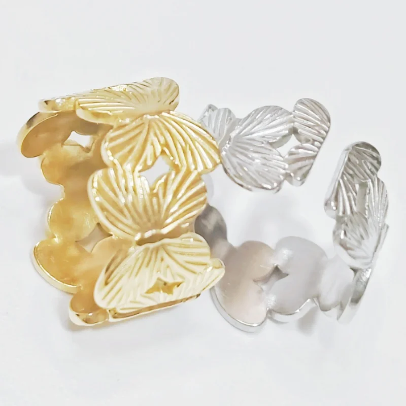 Wholesale 12 Pcs Dual Color Butterfly Open Stainless Steel Rings 8mm Unisex Stackable Trendy Couple Promise Jewelry Set Lot