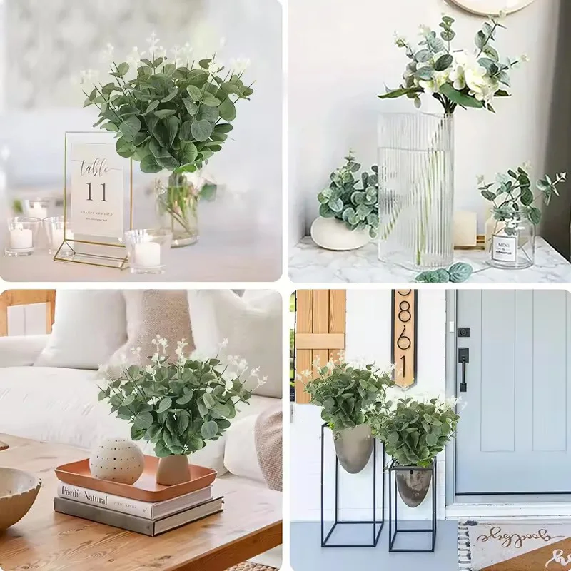 10pcs Eucalyptus Leaf Stems Green Artificial Plants Living Room Decor Bride Wedding Vases Flowers Bouquet Decor Artificial Plant