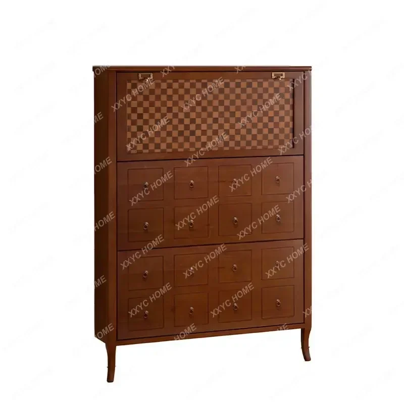 HH Tipping bucket shoe cabinet Solid wood ultra-thin  medieval sliding door entrance cabinet  FT