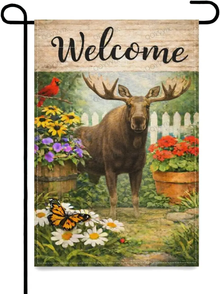 Welcome Garden Flag Moose with Spring Summer Floral and Butterfly Double Sided Outside Yard Decoration Small Yard Flag 12x18 jjp