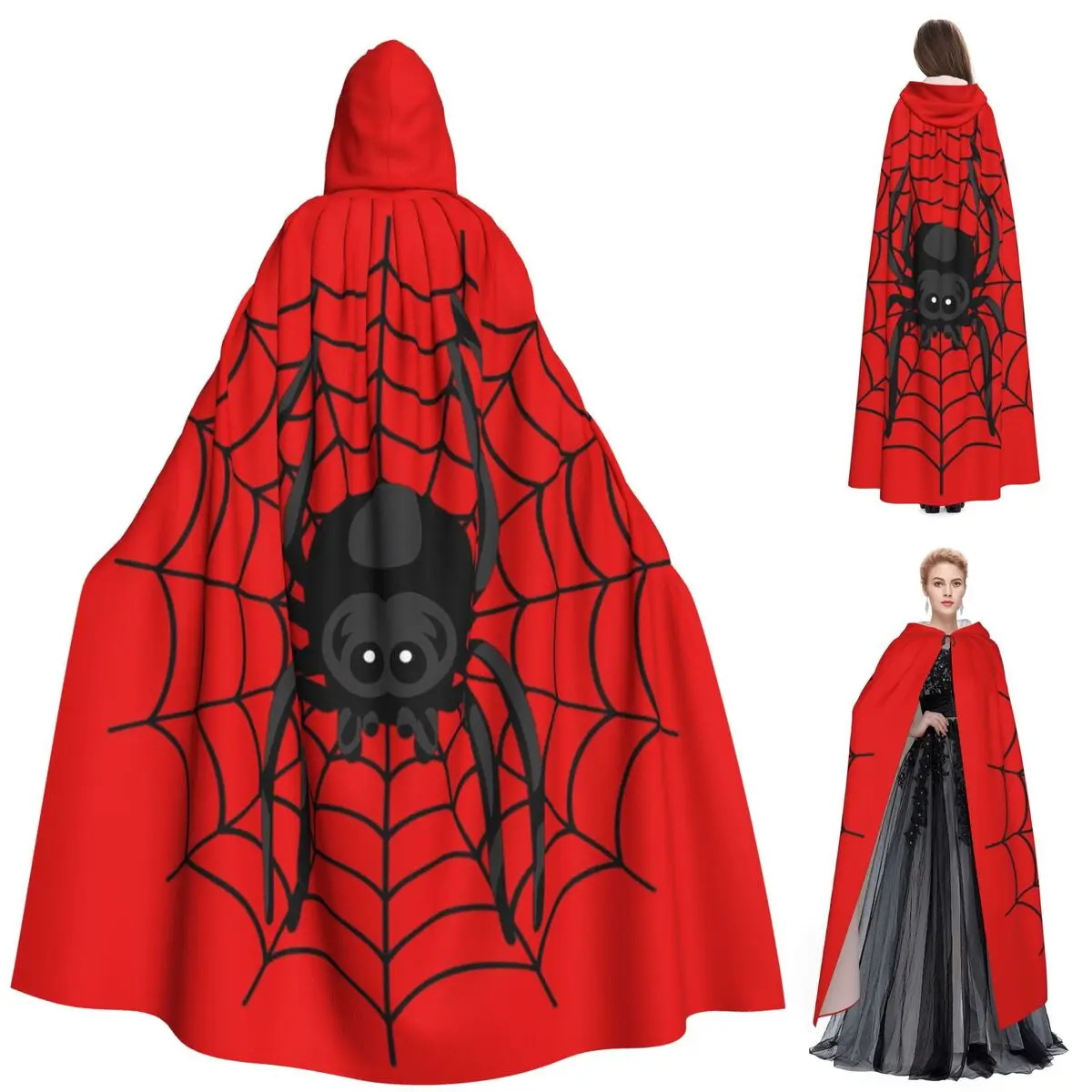 نسيج العنكبوت مع شبكة عنكبوت سوداء طويلة مقنعين عباءة ساحرة القرون الوسطى زي تأثيري كيب هالوين معطف الكبار للجنسين