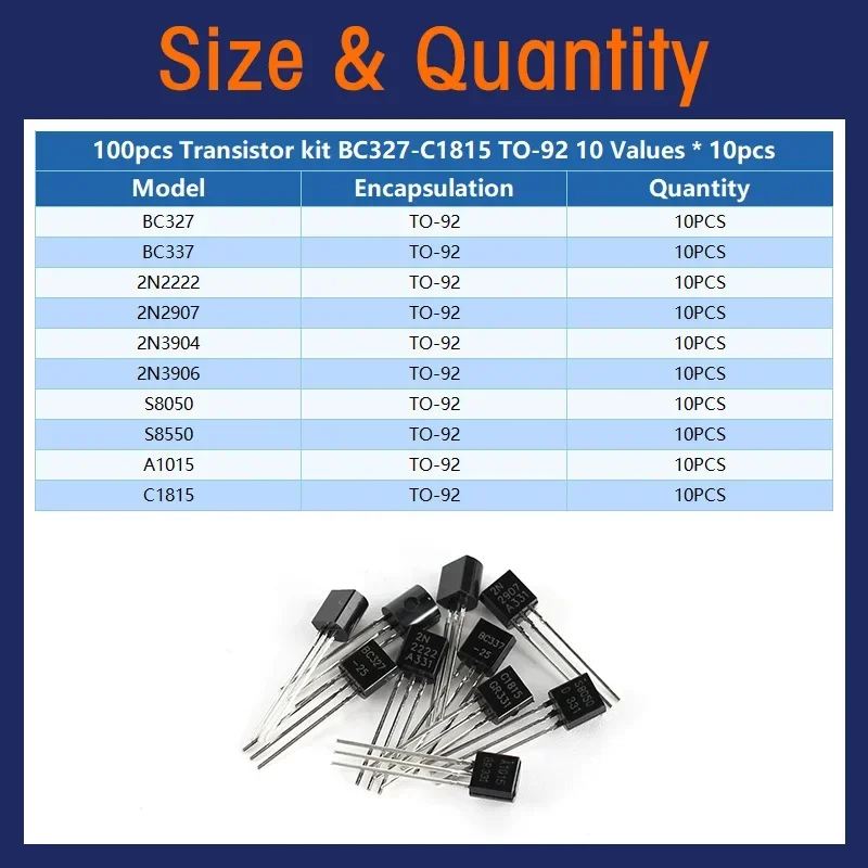 100PC TO-92 Triode Transistor Set BC337 BC327 2N2222 2N2907 2N3904 2N3906 S8050 S8550 A1015 NPN PNP Transistors 10Values*10 Pcs