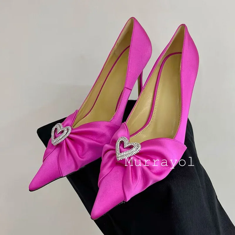 Zapatos individuales con decoración de diamantes de imitación en forma de corazón, Sandalias de tacón alto fino de satén con punta estrecha para mujer, zapatos de vestir de verano, zapatos de boda