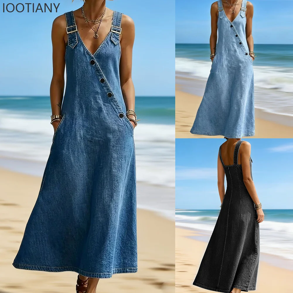 Women Denim Suspender Dress Sleeveless Overall Dresses Distressed Backless V Neck Button Washed Vestidos Summer Sundress A Line