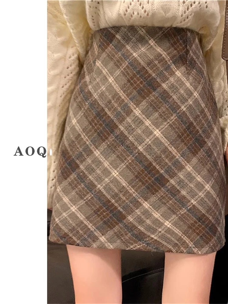 

Шерстяная юбка в клетку больших размеров с высокой талией, облегающие юбки трапециевидной формы для женщин, корейские юбки для поездок на работу