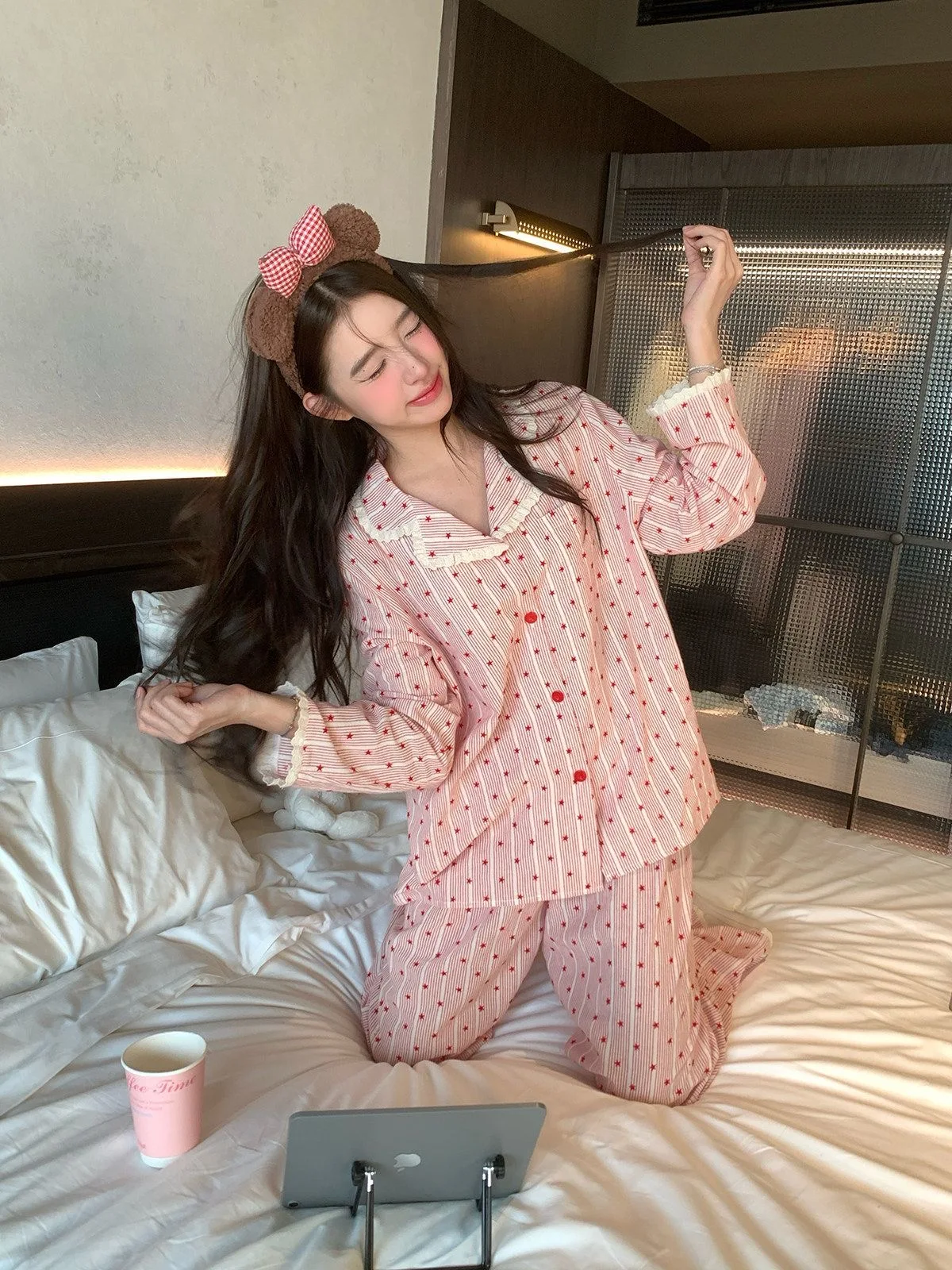 

Star Striped Women Pajamas Sets Summer Short Sleeve Piiama Lace Night Wears Pocket Home Suit 2026 Shorts Sets for Women 2 Pieces
