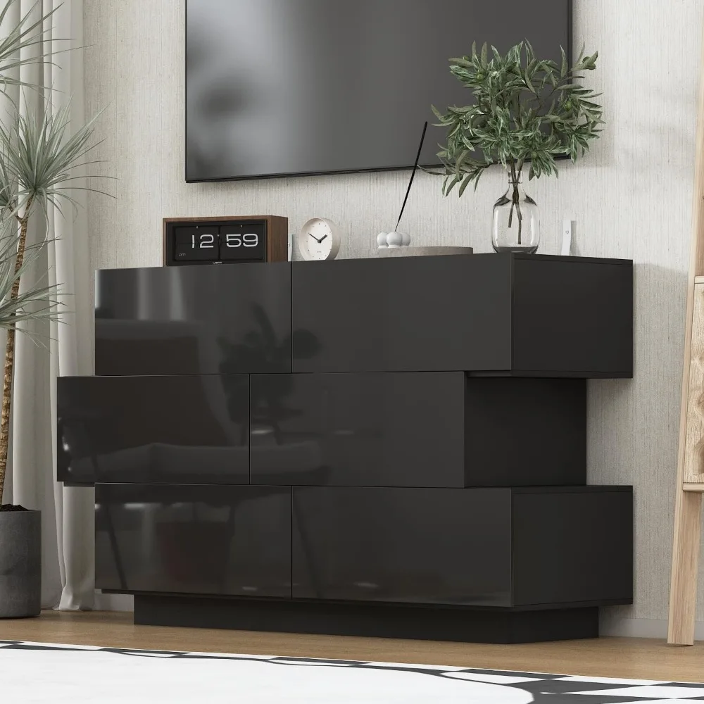 Contemporary Wood Dresser with 6 Drawers, Sleek Design and Glossy Finish for Bedroom Storage