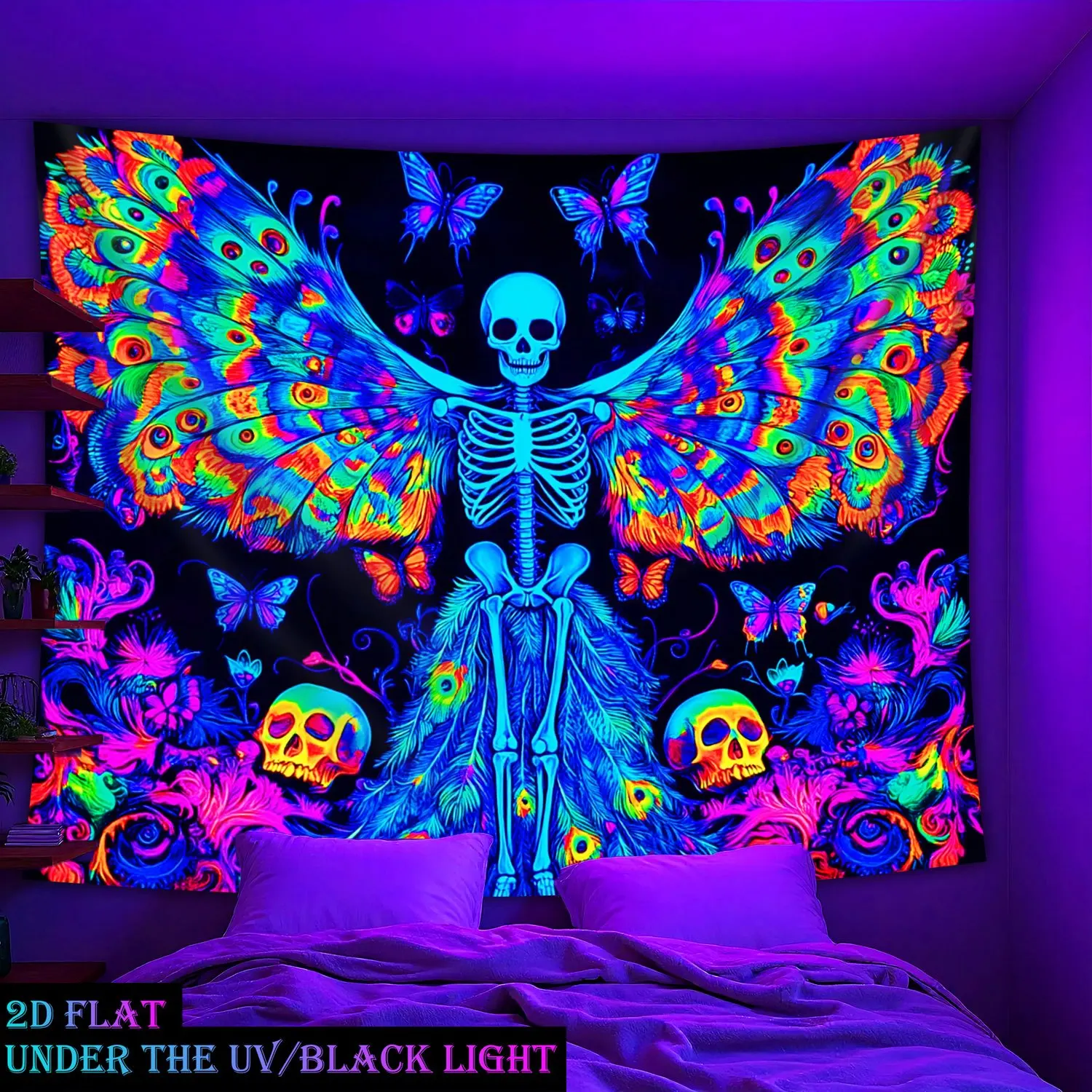 VIKAMA Peacock Butterfly Skeleton Tapestry Psychedelic Wall Hanging for Party Room Decor Wall Hanging Tapestry