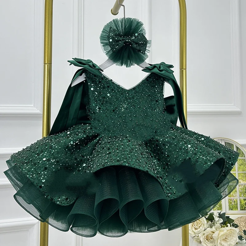 Beaded bow puff skirt Children Baptism Outfit Gorgeous Girls' Christmas Performance Princess Dress 2-8 year old flower girl w