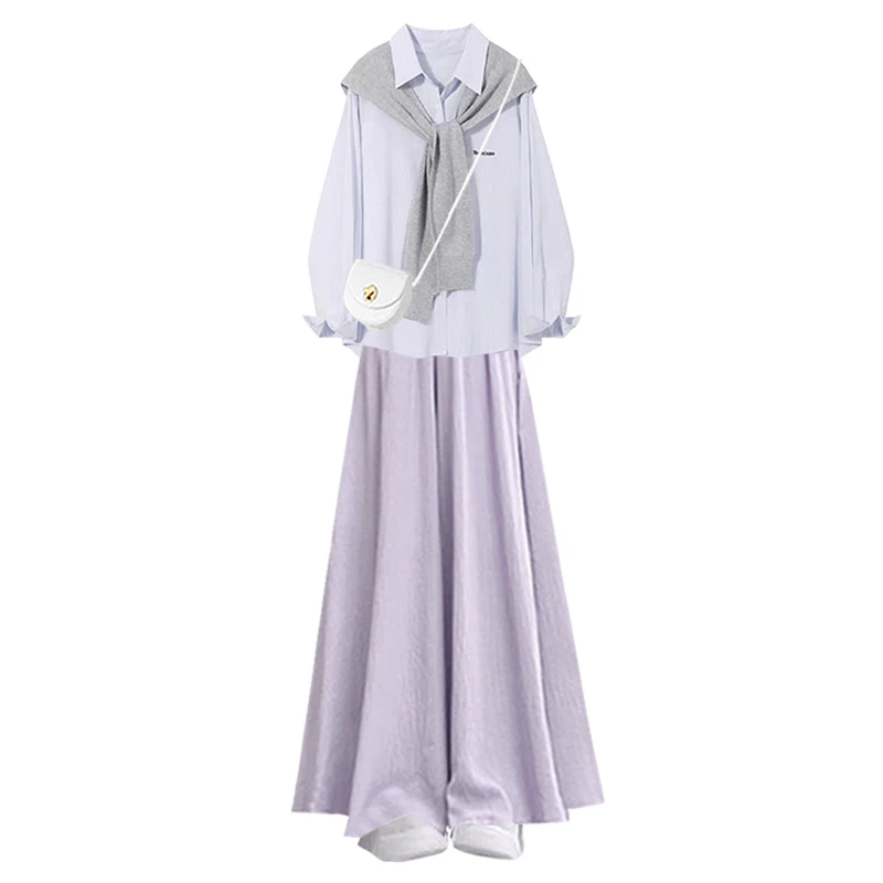 봄 여름 여성용 도파인 퍼플 티피스 세트 자외선 차단 롱 스커트 팬츠 패션 앙상블