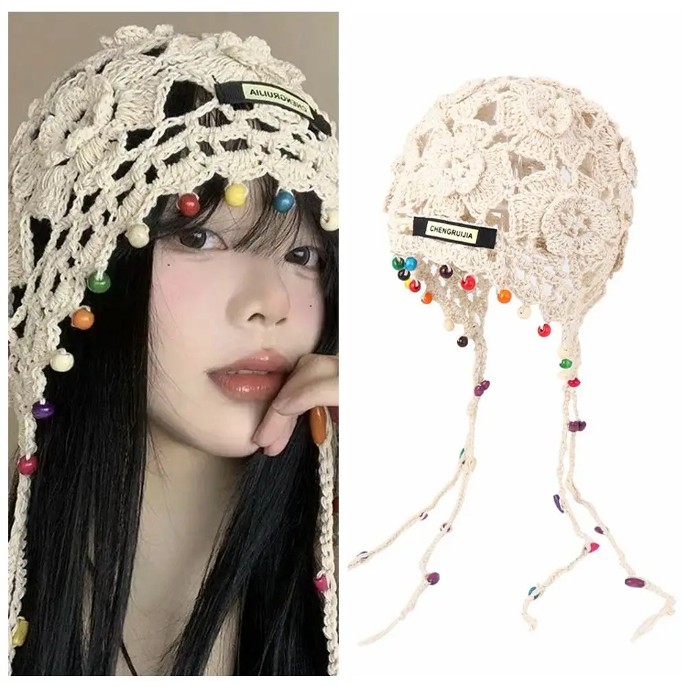 Fashion Crochet Flower Hollow Tassels Knitted Hat Bohemian Style Beanies Knit Cap Thin Korean Ethnic Style Hat Outdoor