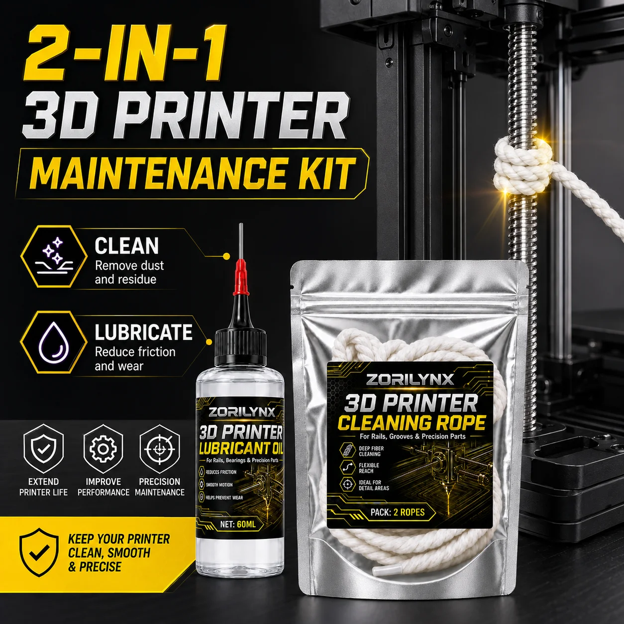 SIKEZHAN 3D Printer Oil and Cleaning Rope Set, Premium Guide Rail Smooth Fluid with 2pcs Maintenance Consumable Cord Tool Kit