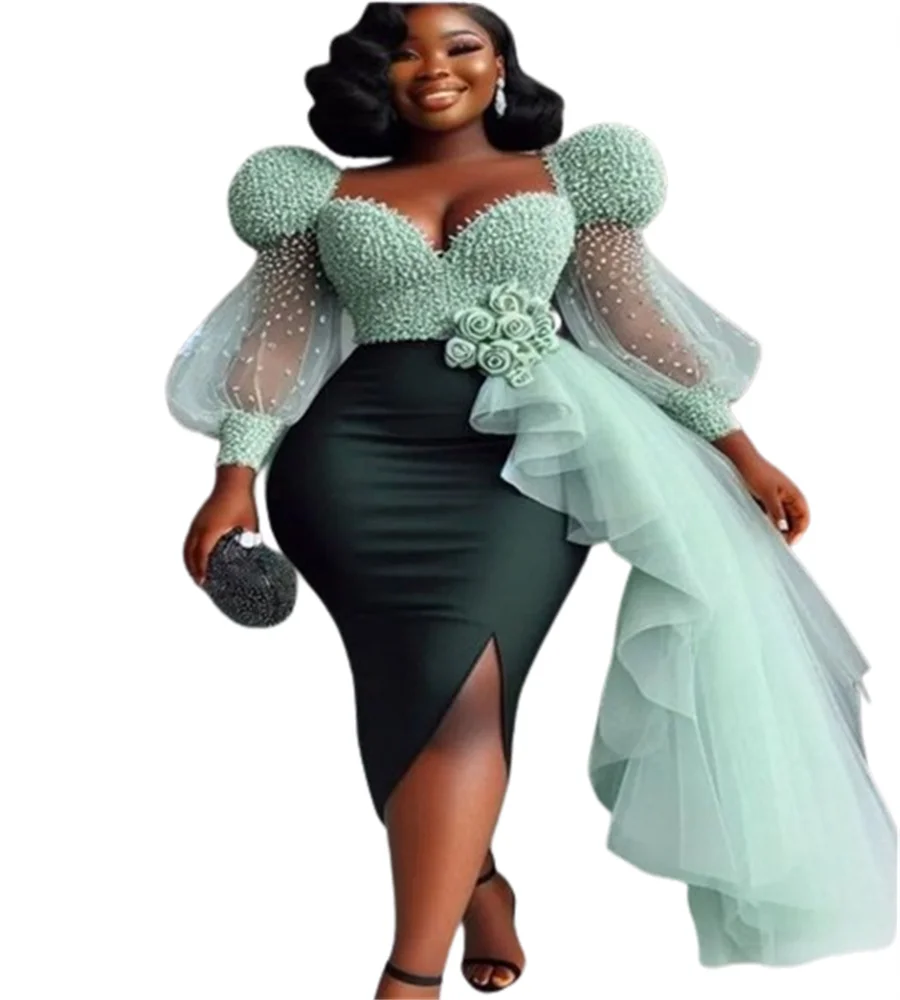 Elegant Sage Green Prom Dress 2026 With Overskirt Puff Sleeve 3D Florals Aso Ebi Evening Gowns Mermaid Short Club Cocktail Party