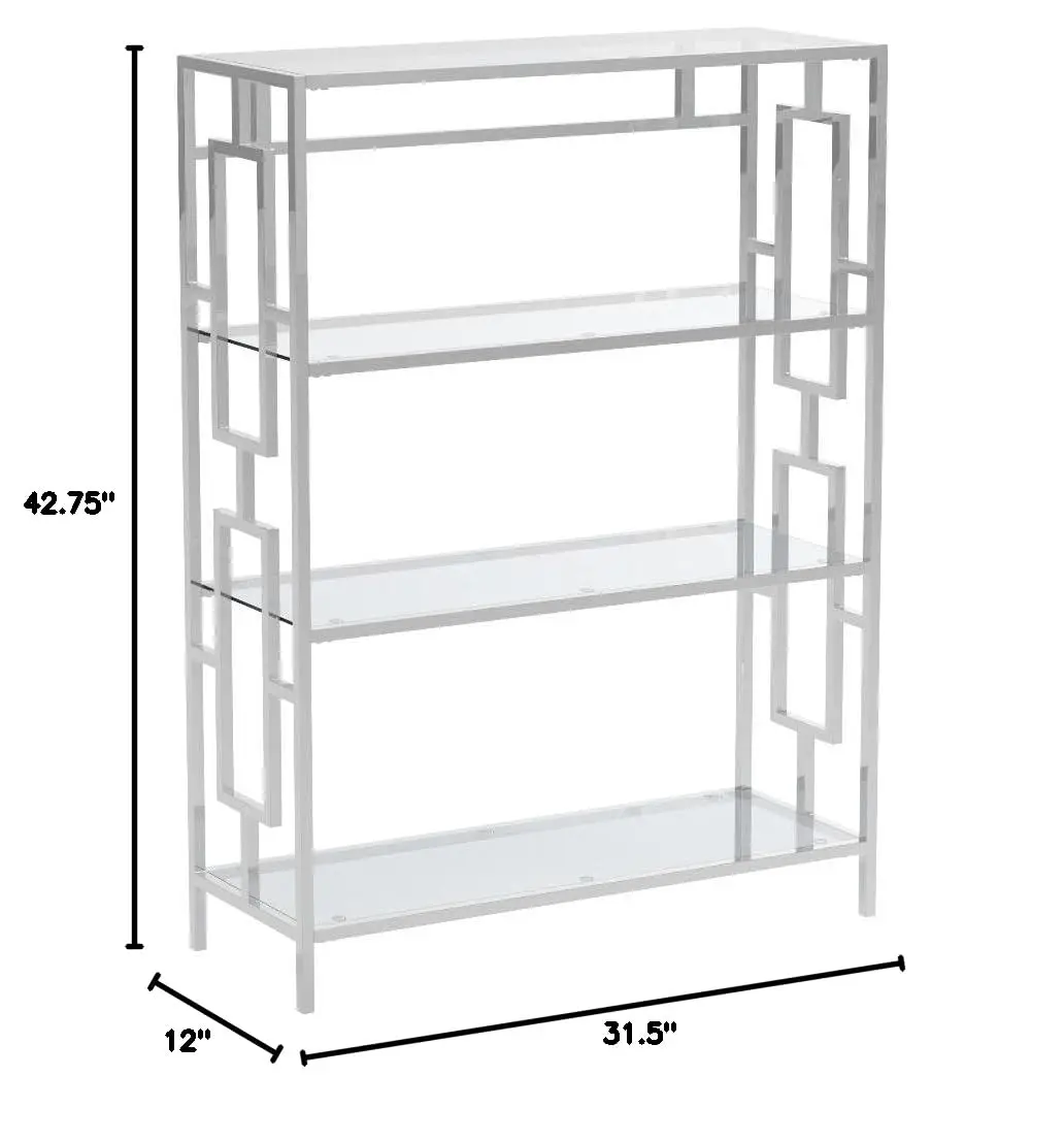 4 Tier Glass Bookcase Chrome Frame Clear Display Shelf Living Room Office 48