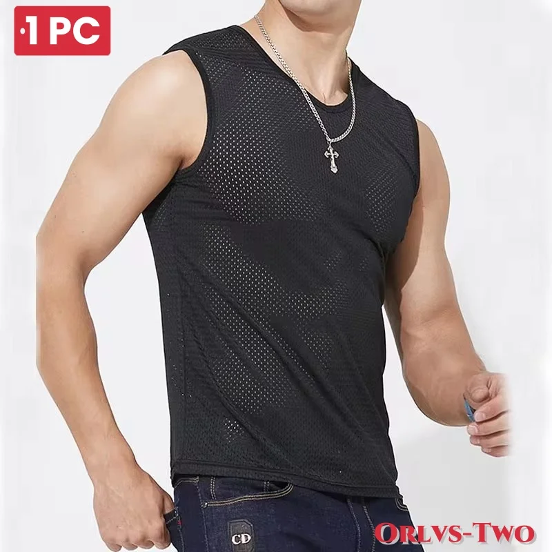 1 PC Men's Ice Silk Mesh Tank Tops Gym Stringer Transparent Bodybuilding Sleeveless Shirt Fitness Vest Male mesh Muscle Singlets