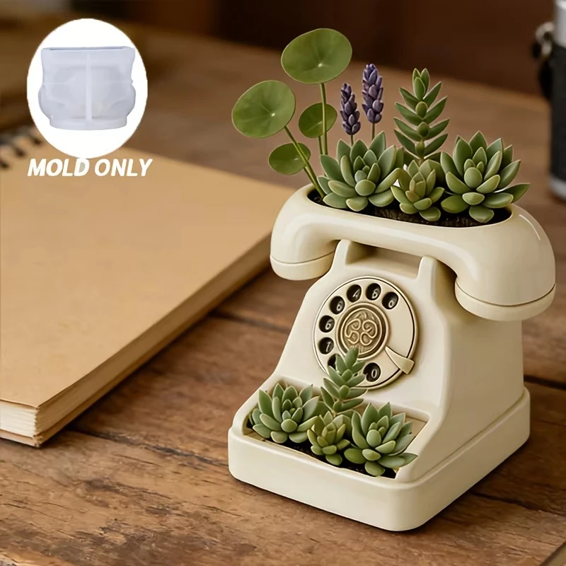 3D Vintage Rotary Telephone Succulent Pot Silicone Mold DIY Flower Pot Cement Clay Scented Candle Craft Mold Home Decor view 5
