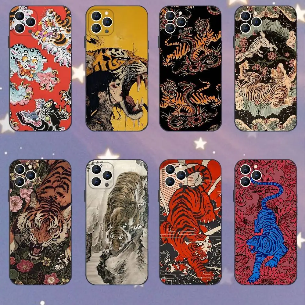 

Japanese Ukiyo-e Tiger Phone Case For iPhone 17,16,15,14,13,12,11,Pro,XS,Max,XR,Plus,E,SE4,Mini Black Soft Cover