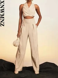 XNWMNZ 2024 Women's Fashion Crop Tie Vest and High Waist Zipper Straight Pants High Street Female Chic Two Piece Set