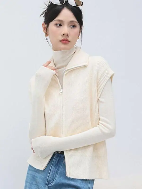 High Collar Zipper Knitted Open Cardigan Vest Women's Spring Autumn Style Versatile Sleeveless Warm Soft Knitwear Trendy
