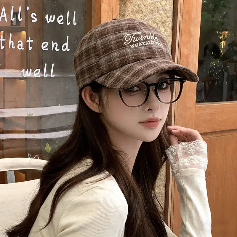 Plaid Woolen Baseball Cap Women Men Vintage Embroidered Letter Dad Hat Adjustable Casual Sun Hat Outdoor Streetwear Fashion Soft