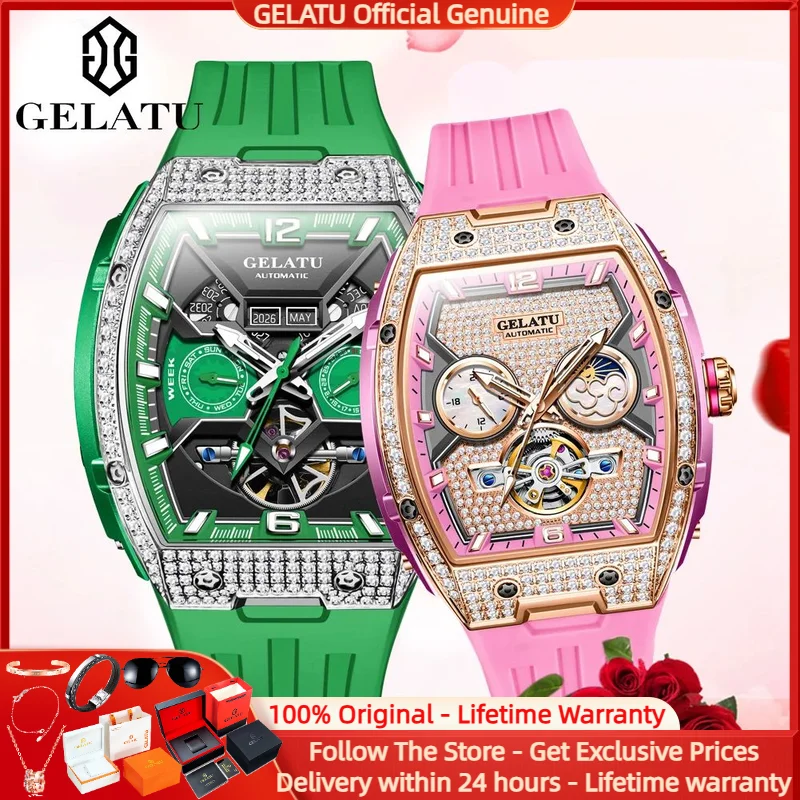 

GELATU 6016 Couple Watch Multi functional Automatic Mechanical Watch Diamond Tourbillon High end Gift Box Men Women Watch Set