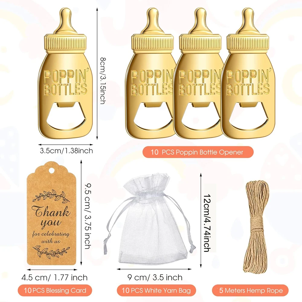 10 set baby shower gift set bottle shaped opener with hard gauze bag commemorative keychain, thank you label themed party gift
