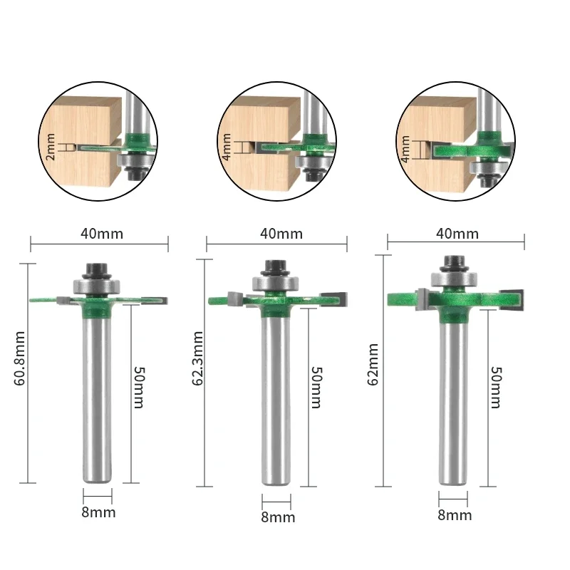1PC 8MM Shank Three Carbide T Type  Slotting Cutter Bit With Bearing  Z3 Rabbeting Milling Cutter Woodworking Tools