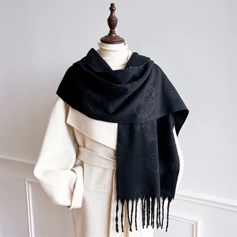 

Paisley Embossed Women's Winter Scarf Warm Cashmere Chunky Shawl Luxury Designer Tassels Pashmina Bufanda Lady Wrap Man Scarves