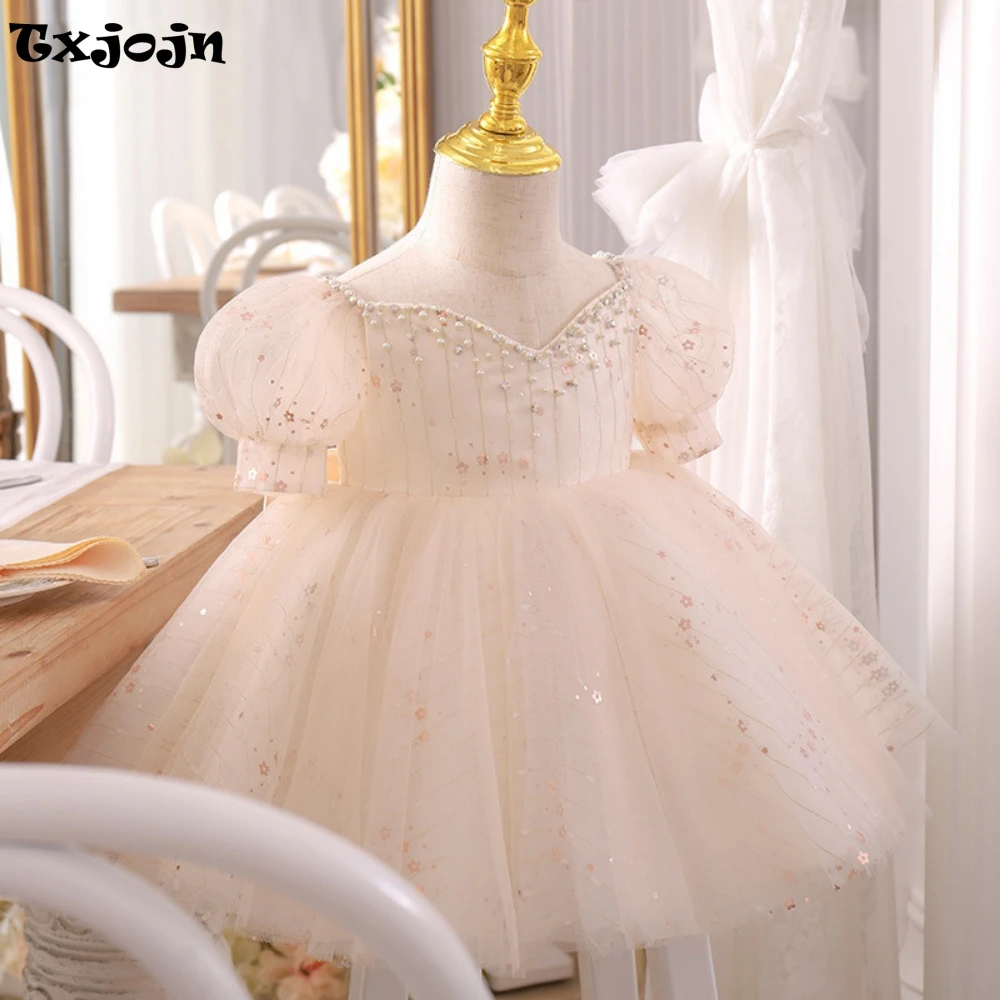 Luxury Sequined Pearls Ball Gown For Kids Wedding Birthday Party Fashion Puff Sleeve Girls Dresses Dance Performance Customized