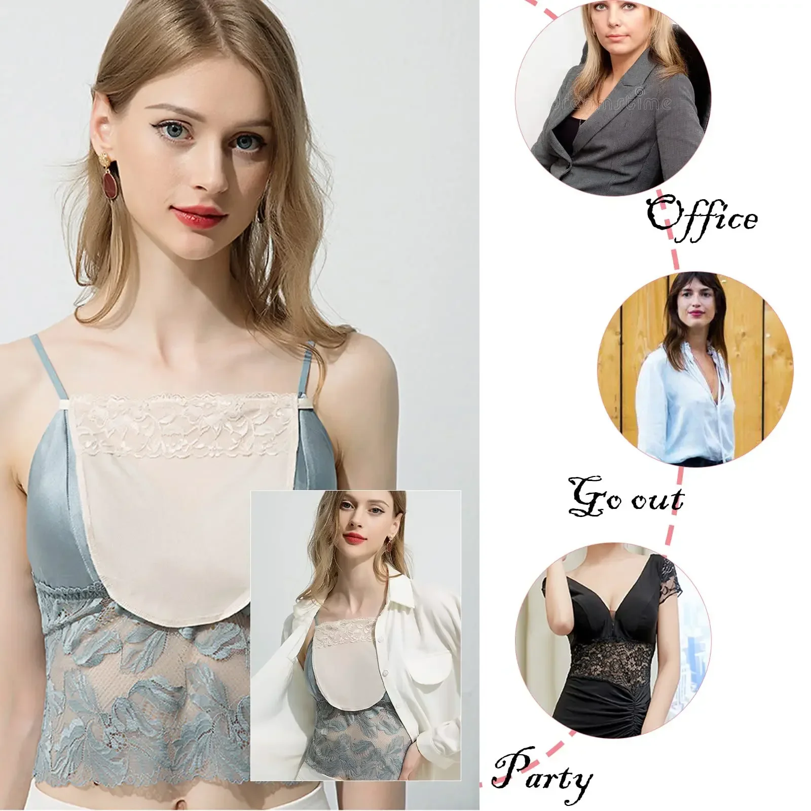 Women Summer Clip-On Floral Black White Lace Mock Camisole Bra Insert Cleavage Cover Overlay Panel Vest Wrapped Chest Bandeau