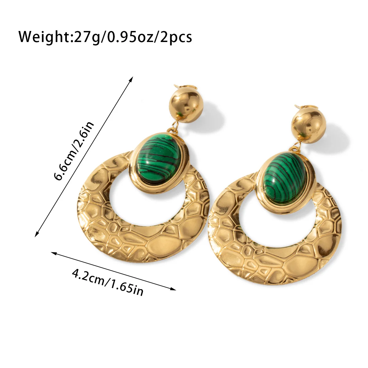 Fashion Women Vintage Gold Plated Texture Turquoise Stone Geometric Stainless Steel Metal Drop Chandelier Dangle Earrings