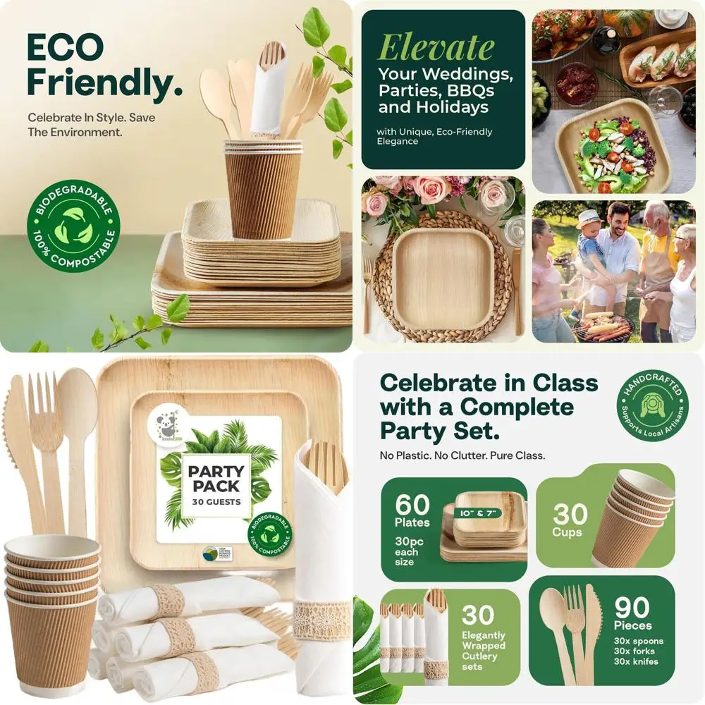 

Sustainable Bamboo Party Set: 10 & 7 Biodegradable Plates, Utensils, Napkins & Cups for 30 Guests