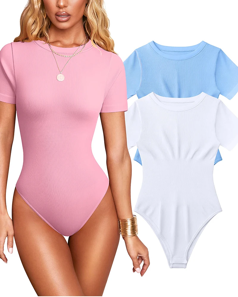 Seamless Shaperwear Women\'s Bodysuits Sexy Ribbed One Piece O-Neck Short Sleeve Double Lined Thong Tummy Control Body Shapers