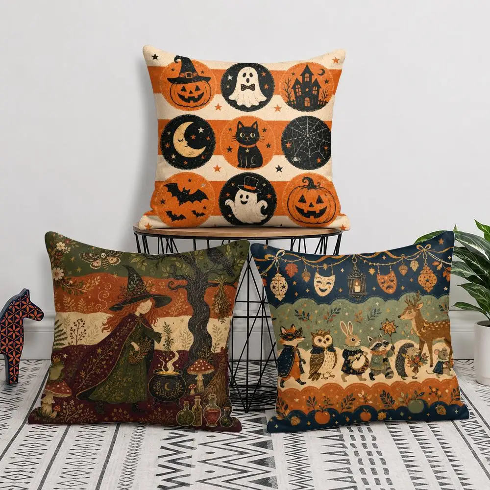 Retro Spooky Halloween Icons Cushion Cover Short Plush Soft Double-Sided Printing Pillow Case Cozy Sofa Bedroom Home Decor Gift