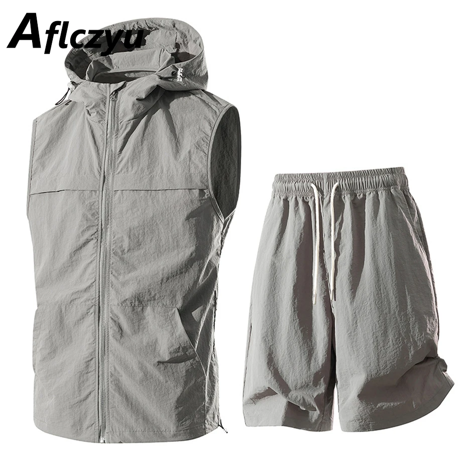 Summer Men's Sets Fashion Casual Quick Drying Breathable Vest Shorts Suits Male Sleeveless Jacket Shorts