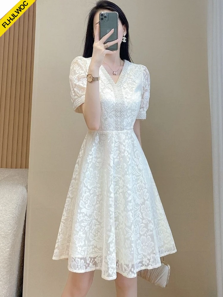 Shirt Dress Summer Office Lady Girls Cute Sweet V Neck Slim Waist A Line Hollow out White Lace Dresses Women Feminine Vestidos