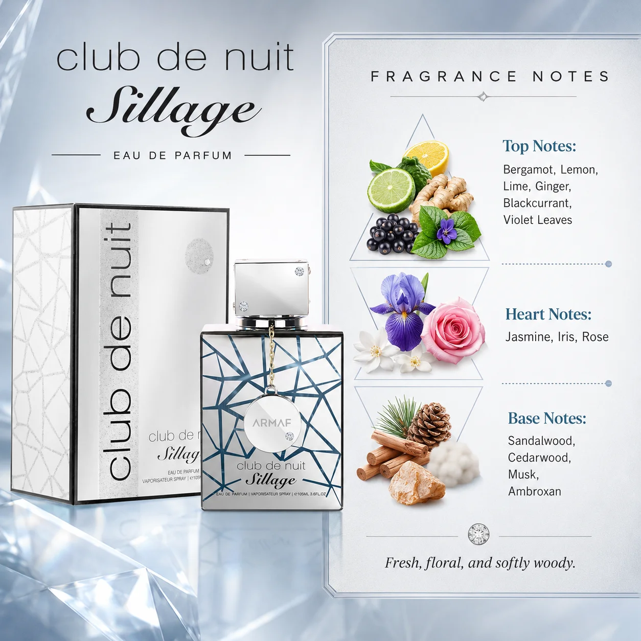 Club De Nuit Sillage Unisex Eau De Parfum Transparent Square Bottle Dark Blue Geometric Crack Pattern Crystal Inlaid Silver Cube Cap Hanging Silver Round Medallion Pendant Clean Fresh Woody Fragrance Long Lasting White Silver Geometric Matching Gift Box F view 7