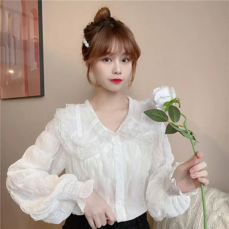 Camisas con pliegues de encaje para mujer, ropa holgada de Color liso con cuello Peter Pan, blusas de manga farol, 2023