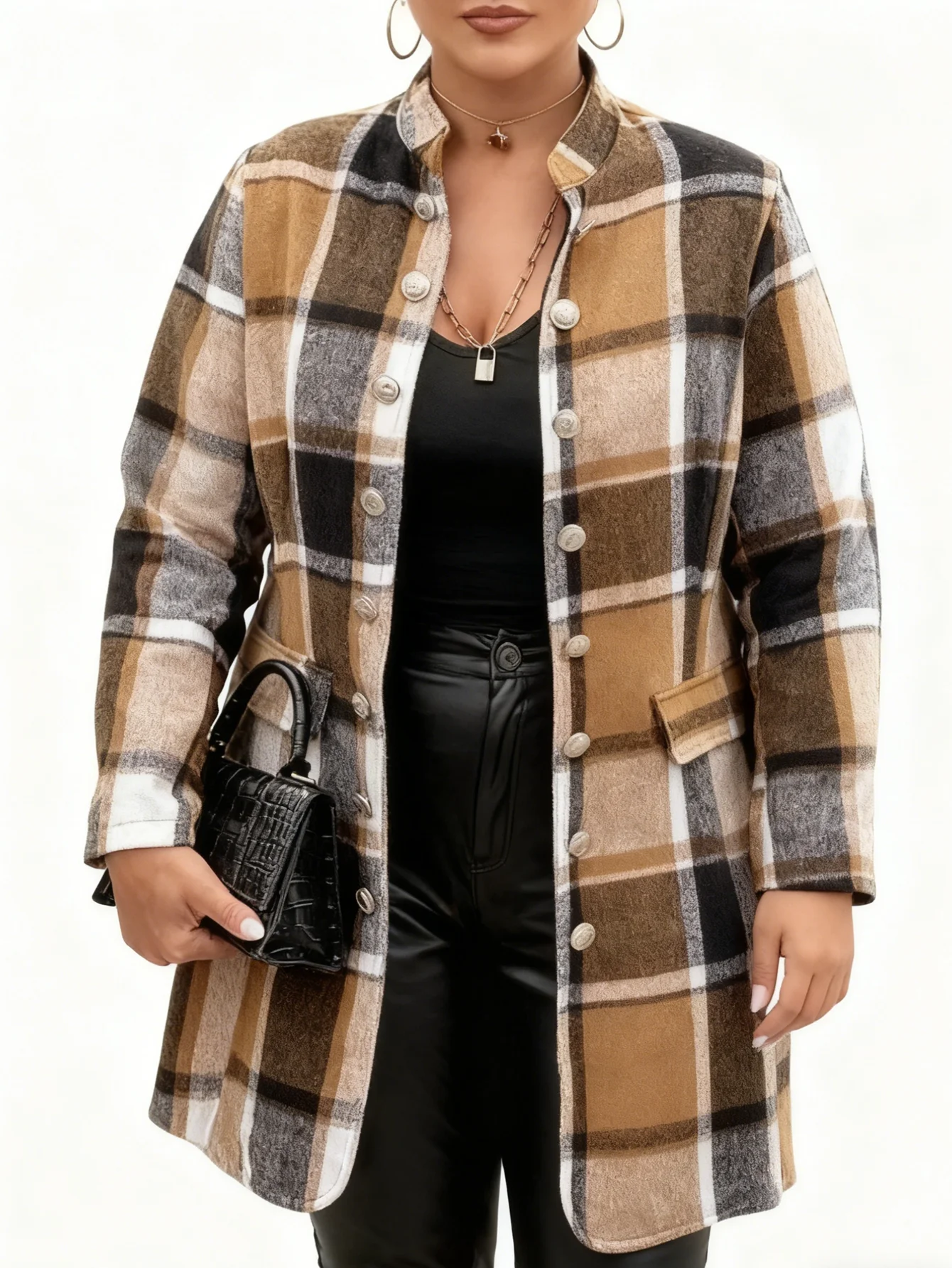 Plus Size 1XL-5XL Women Fashion Long Sleeve Plaid Printing Coat Ladies Casual Autumn and Winter Butt