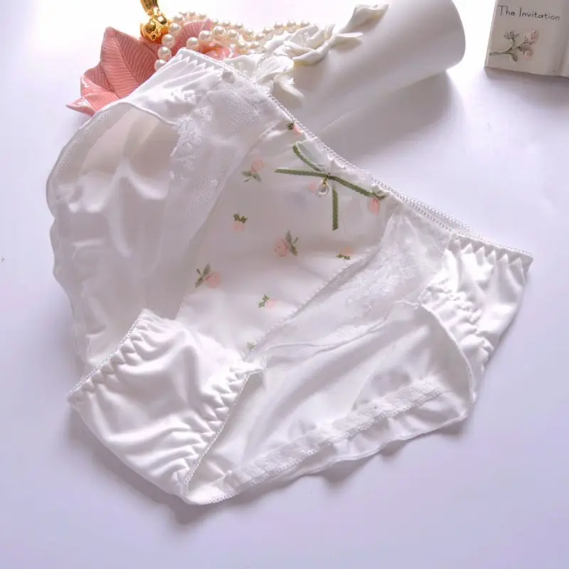 Cute Lovely Sweety Women Japanese Style Princess Lolita Flower Print Milk Silk Mesh Panties Cotton Ruffles Lace Soft Underwear