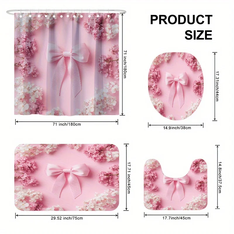 

4 шт., комплект занавесок для душа с розовым бантом на День святого Валентина, нескользящим ковриком и чехлом для унитаза, подкладкой с рисунком и 12 крючками для домашнего декора