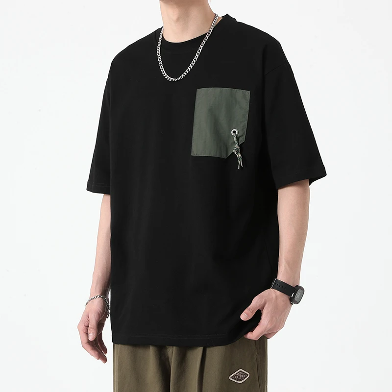 Hip Hop Loose Mens Streetwear T-shirts Casual Summer Short Sleeves Tshirt Solid Round Neck Pocket Tee Top Plus Oversized T Shirt