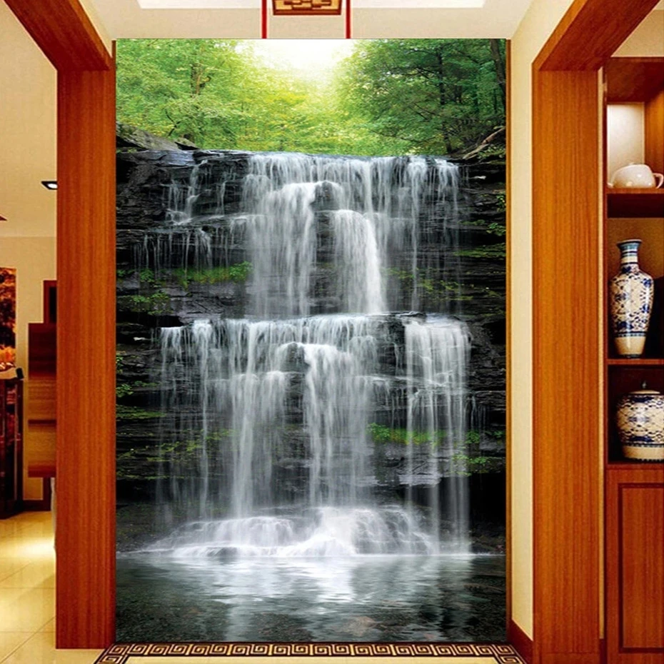 Customized Mural 3D Waterfall Landscape Entrance Home Decor Self Adhesive Wallpaper Living room TV background bedroom restaurant