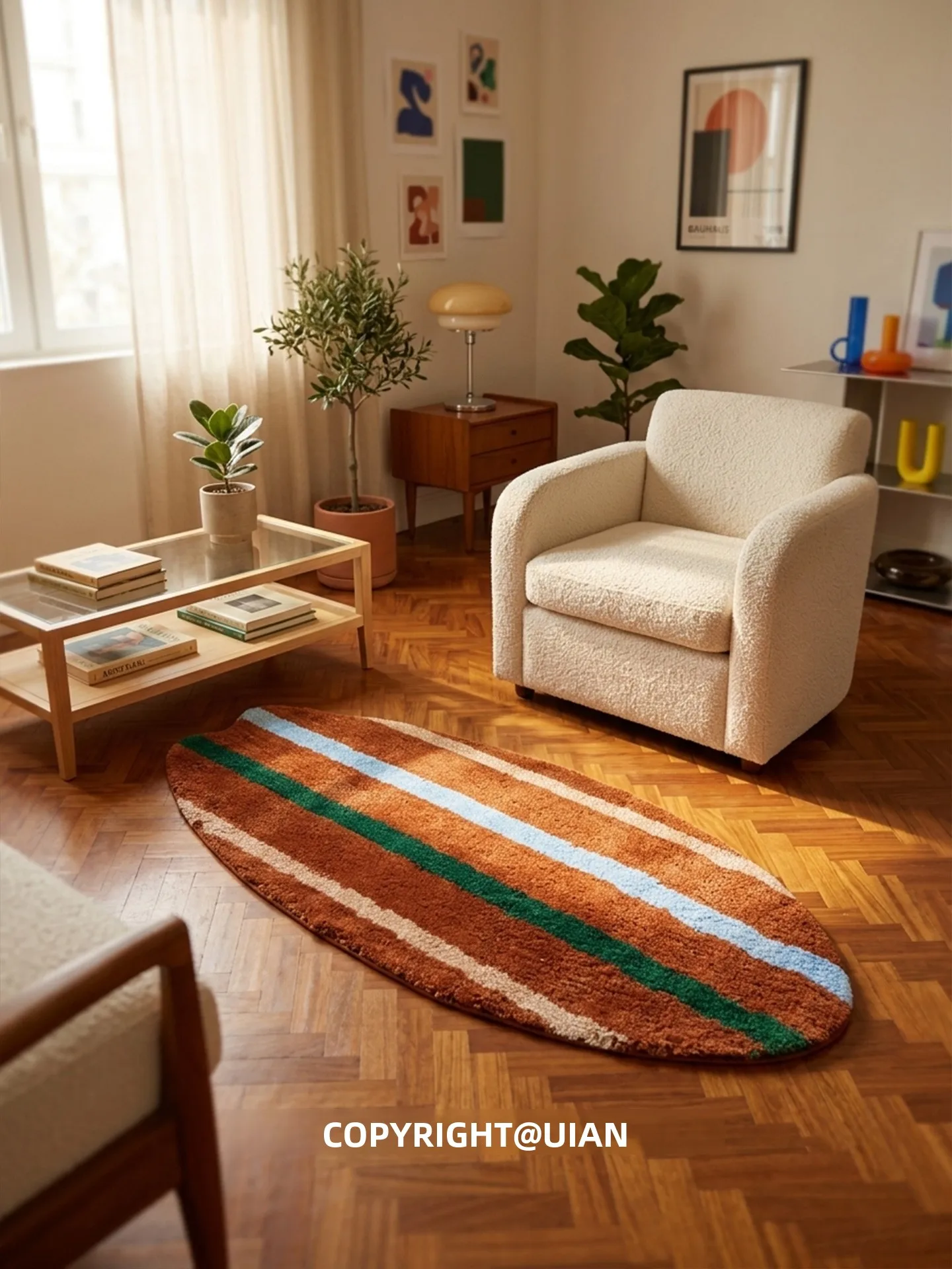 Salt Brown Striped Fun Oval Creative Bedroom Living Room Bedside Carpet Anti-Slip Rug American Retro Style Machine Washable