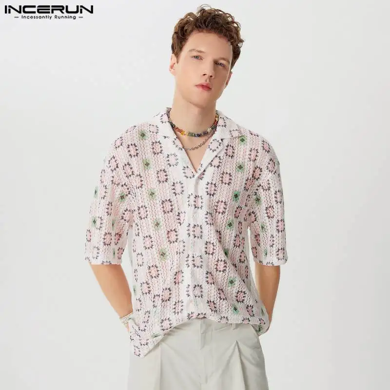 INCERUN Tops 2024 American Style Fashion Men's See-through Tracery Plaid Shirts Casual Hot Sale Lapel Short Sleeved Blouse S-5XL